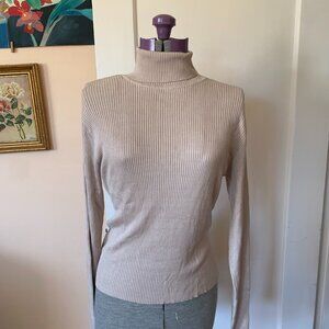 VTG 90s XL Beige Silk Turtleneck Sweater Ribbed Knit Beige Preppy Academia